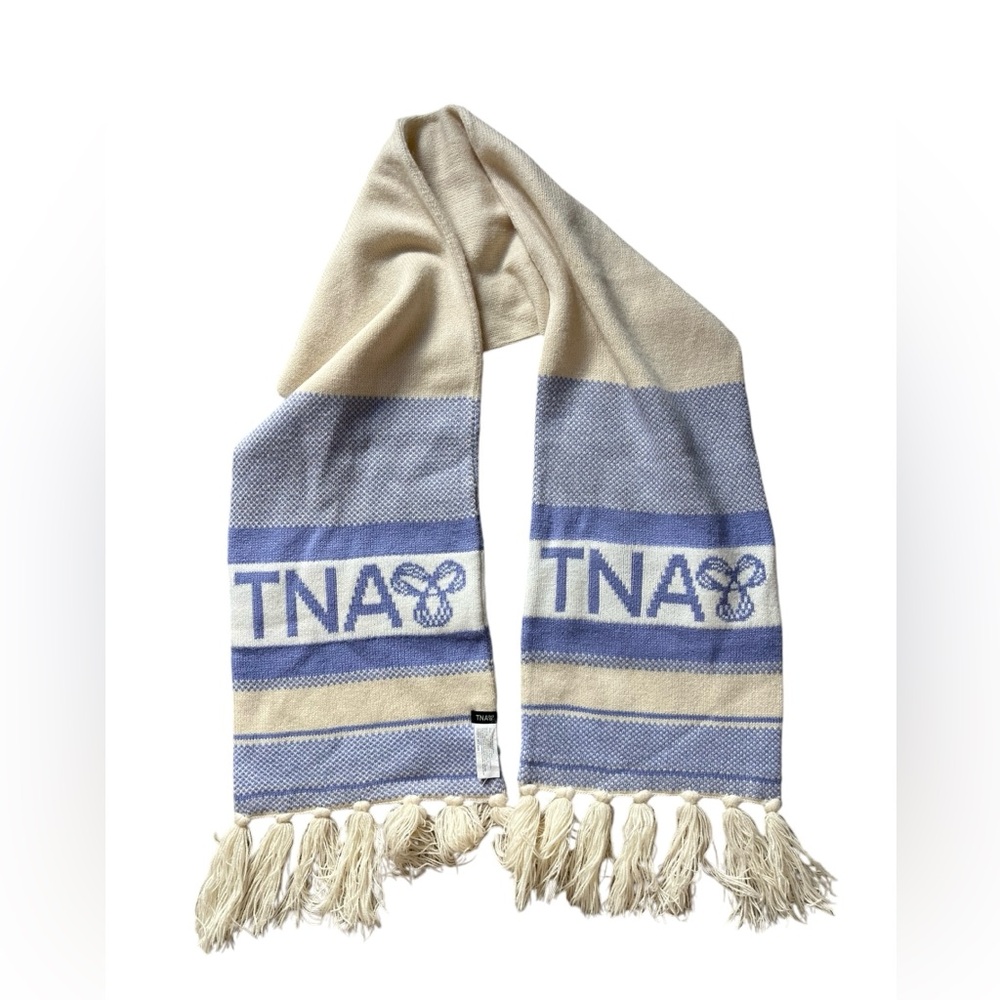 TNA aritzia Knit Scarf‎ Warm Beige Blue SPELL OUT BIG LETTER NICE Cozy Fringe ✅